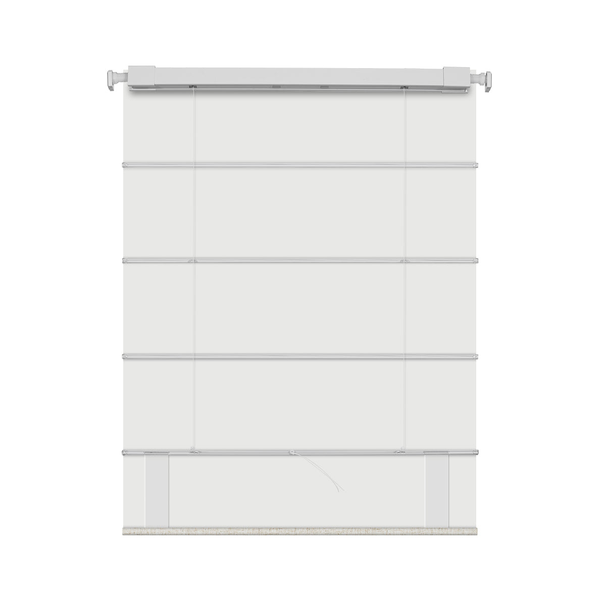 Berissa Obscura & Lumé Linen No Drill Custom Design Roman Shades in a soft white fabric.