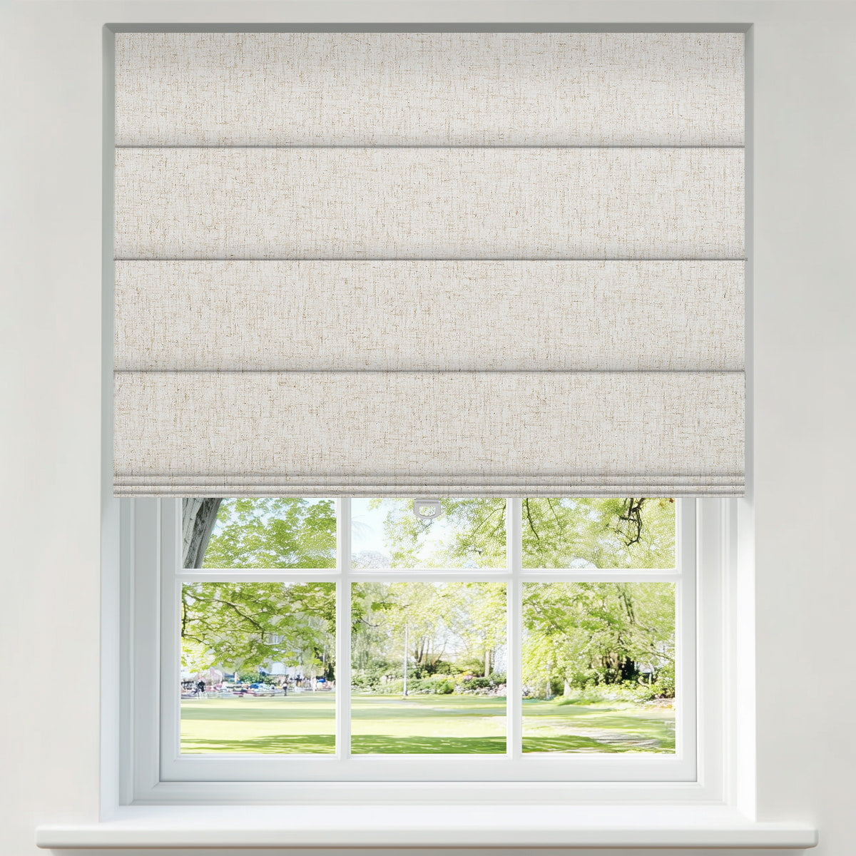 Berissa Obscura & Lumé Linen No Drill Custom Design Roman Shades in a softly filtered light setting.