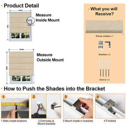 Product detail and installation guide for Berissa Corded Natural Warmth Subtle Stripes Beige Harmony Roman Blind.