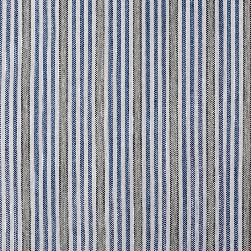 Berissa Candy Square Stripe Custom Roman Shades fabric with bold blue and grey stripes.