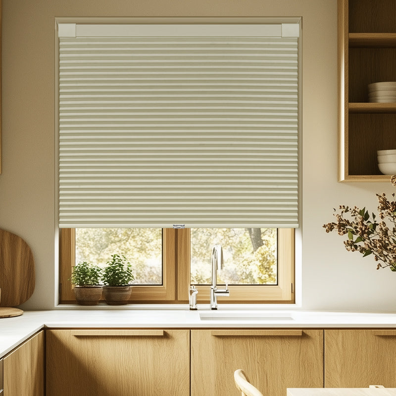 Berissa Classic No Drill Perfect Fit Cellular Shades installed in a modern kitchen window.