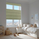 Berissa Blackout Elegant Top Down Bottom Up Roman Shades in a stylish bedroom with a view.