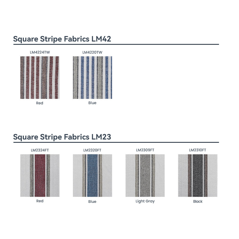 Square Stripe Fabrics for Berissa Candy Square Stripe Custom Roman Shades in red, blue, light gray, and black.