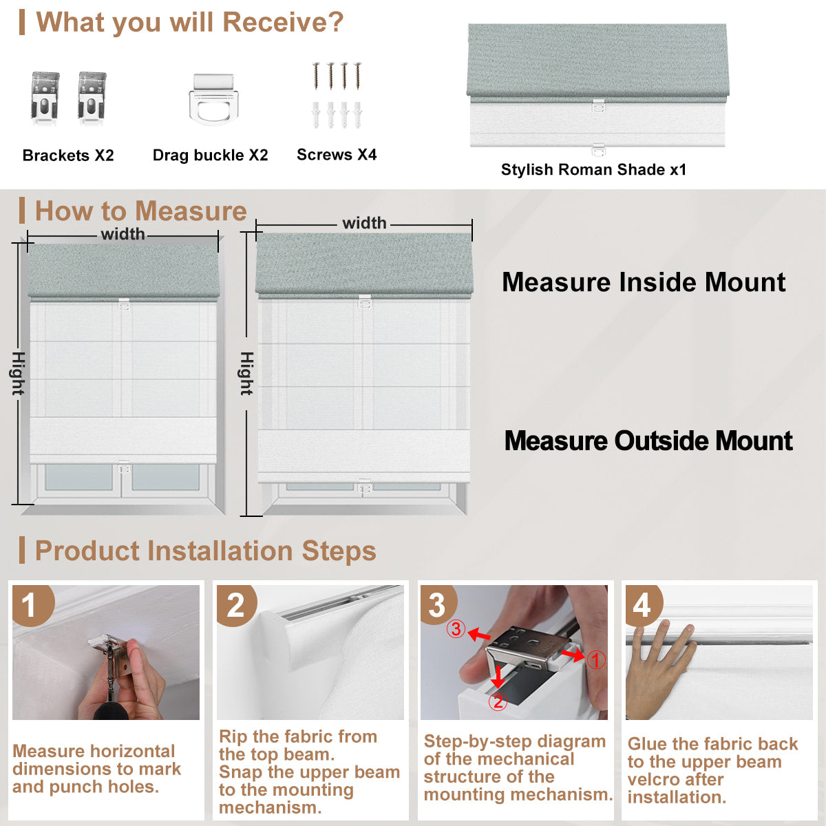 Beeissa Cordless Double Shades Blackout and Semi View White Day Night Roman Shades installation and measuring guide