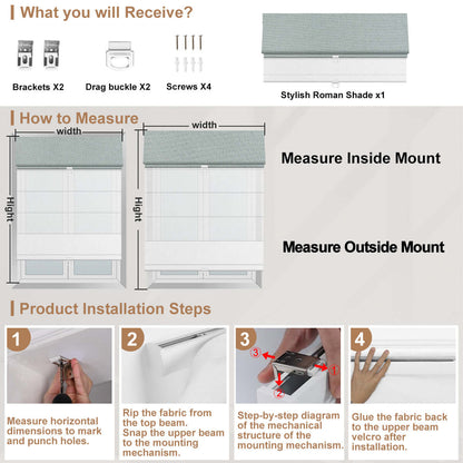 Beeissa Cordless Double Shades Blackout and Semi View White Day Night Roman Shades installation and measuring guide
