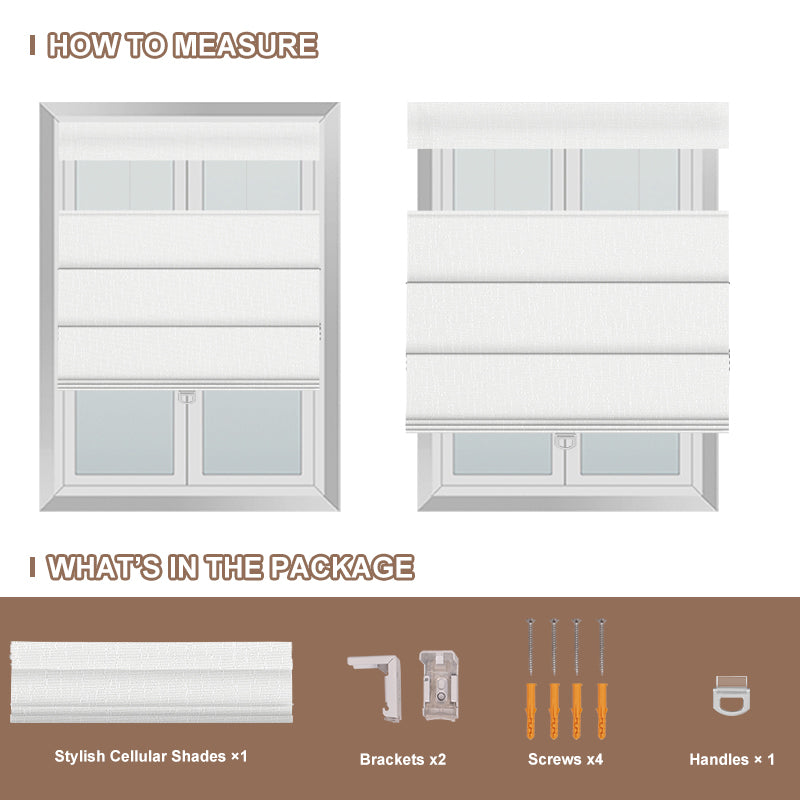 How to measure and package contents for Berissa Ivory Lines Blackout Top Down Bottom Up Roman Shades.