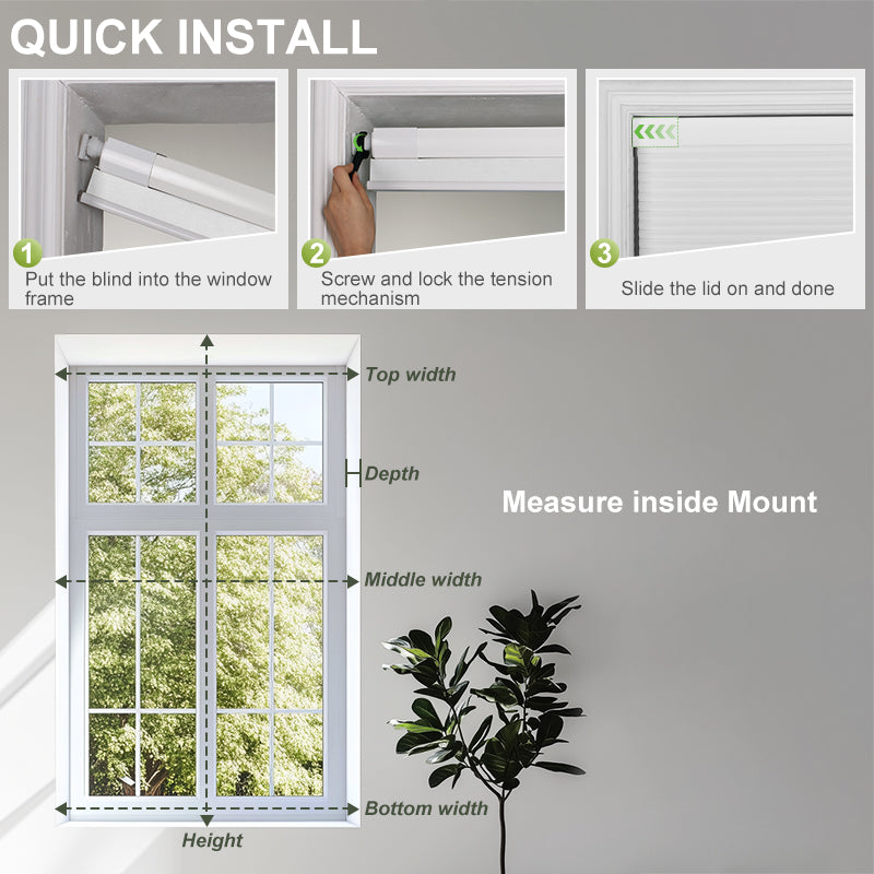Quick install guide for Berissa Classic No Drill Perfect Fit Cellular Shades with installation steps and measurement tips.