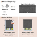 Berissa Classic  Linen Blend Cordless Roller Shades package contents and measuring guide.
