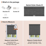 Berissa Classic  Linen Blend Cordless Roller Shades package contents and measuring guide.