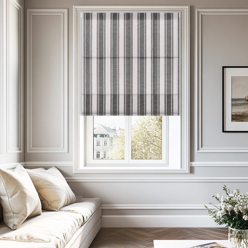 Berissa Candy Square Stripe Custom Roman Shades in a stylish living room setting with gray striped pattern.